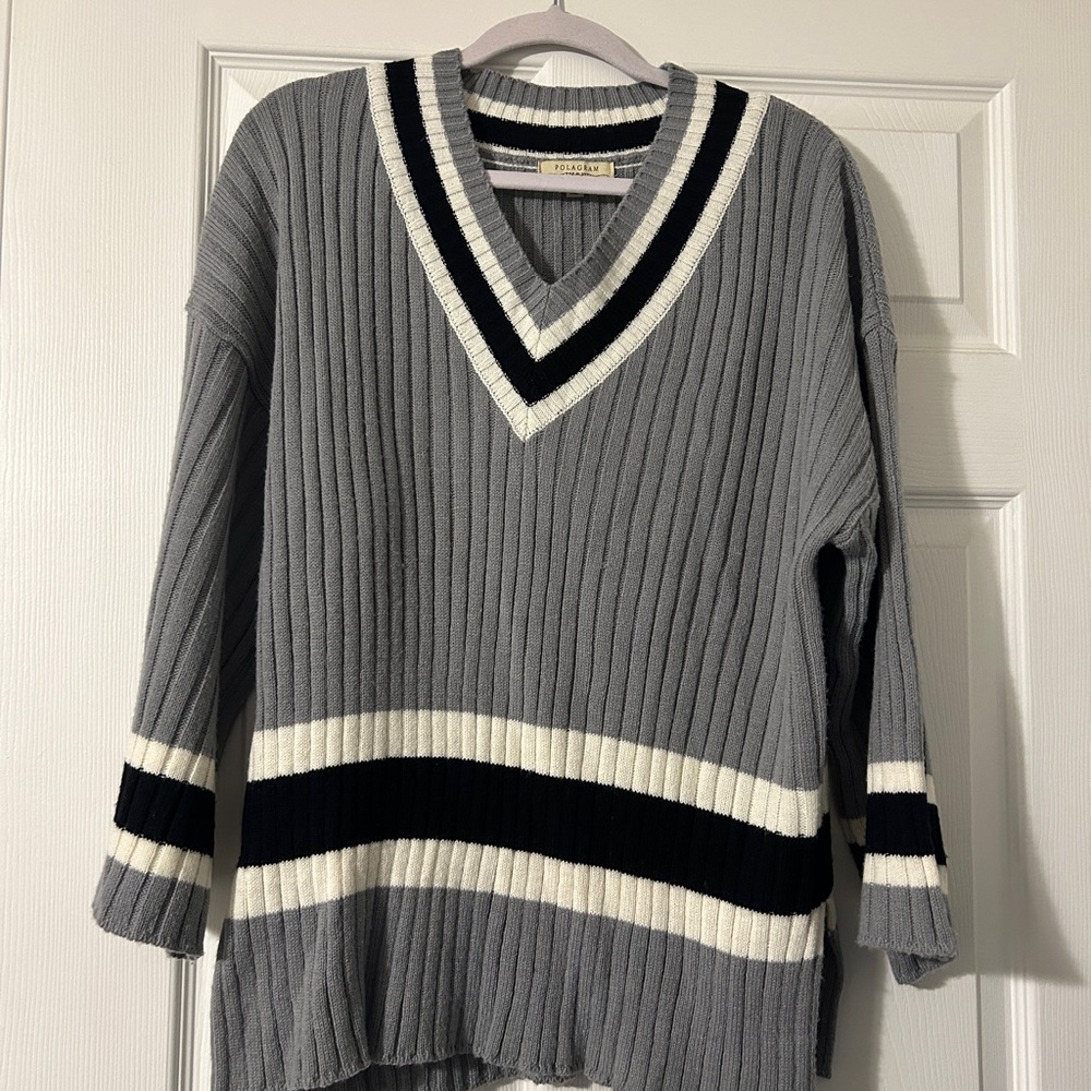 Gray Striped V-Neck Sweater
